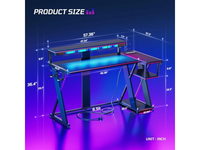 Bestier 57 L Shaped Gaming Desk with LED Monitor Stand and Power Outlet,Headphone Hooks and Cup Holder,Black
