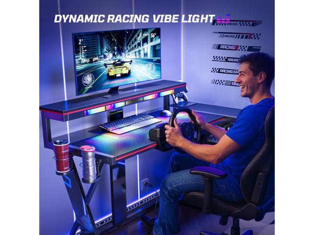 Bestier 57 L Shaped Gaming Desk with LED Monitor Stand and Power Outlet,Headphone Hooks and Cup Holder,Black