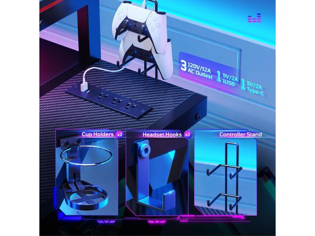Bestier 57 L Shaped Gaming Desk with LED Monitor Stand and Power Outlet,Headphone Hooks and Cup Holder,Black