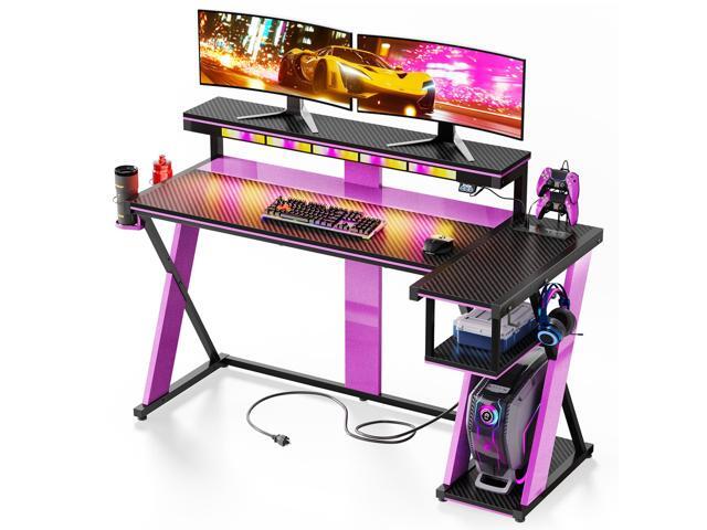 Bestier 57 L Shaped Gaming Desk with LED Monitor Stand and Power Outlet,Headphone Hooks and Cup Holder,Purple Galaxy