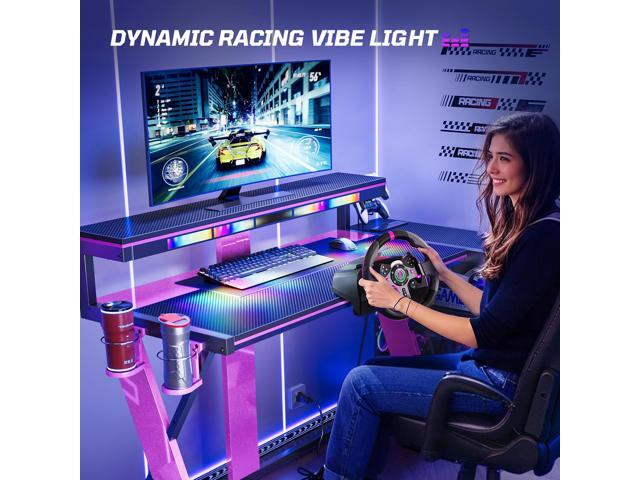 Bestier 57 L Shaped Gaming Desk with LED Monitor Stand and Power Outlet,Headphone Hooks and Cup Holder,Purple Galaxy
