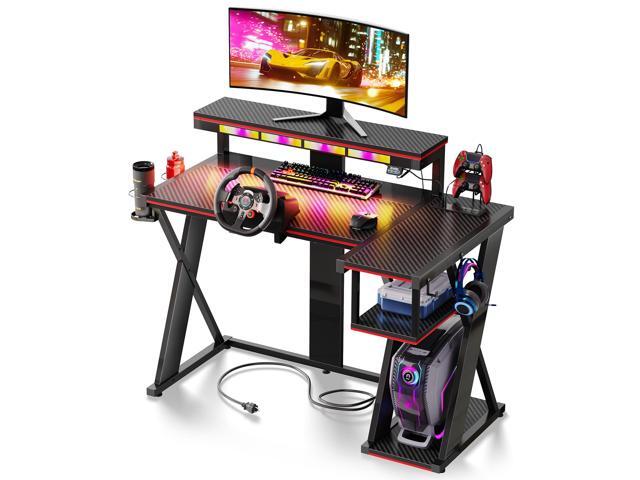Bestier 41.6 L Shaped Gaming Desk with LED Monitor Stand and Power Outlet,Headphone Hooks and Cup Holder,Black