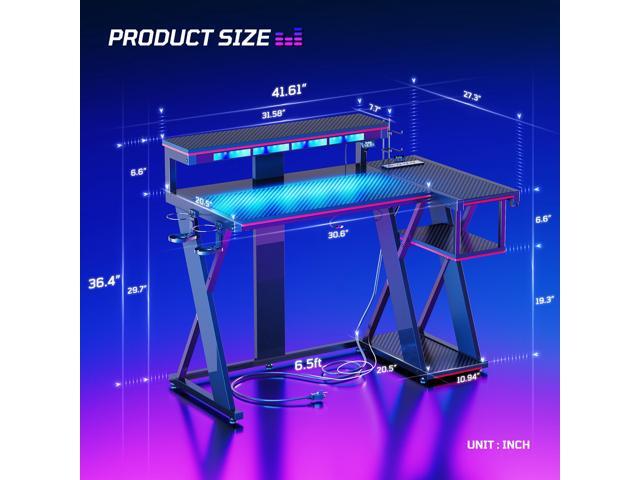 Bestier 41.6 L Shaped Gaming Desk with LED Monitor Stand and Power Outlet,Headphone Hooks and Cup Holder,Black