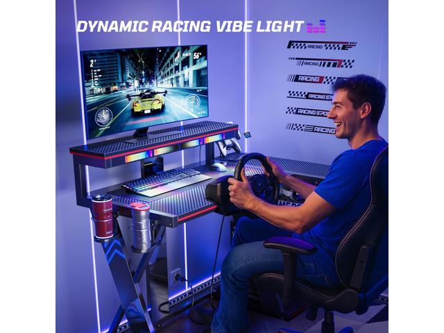 Bestier 41.6 L Shaped Gaming Desk with LED Monitor Stand and Power Outlet,Headphone Hooks and Cup Holder,Black