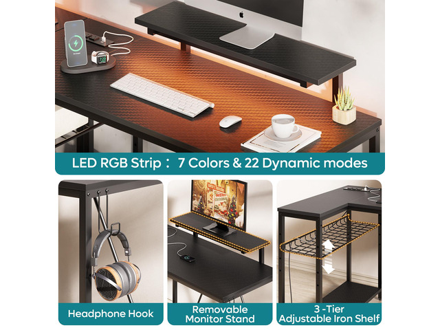 Bestier 48' L-Shaped Gaming Desk with LED Lights, Power Outlets, and Monitor Stand Carbon Fiber Black