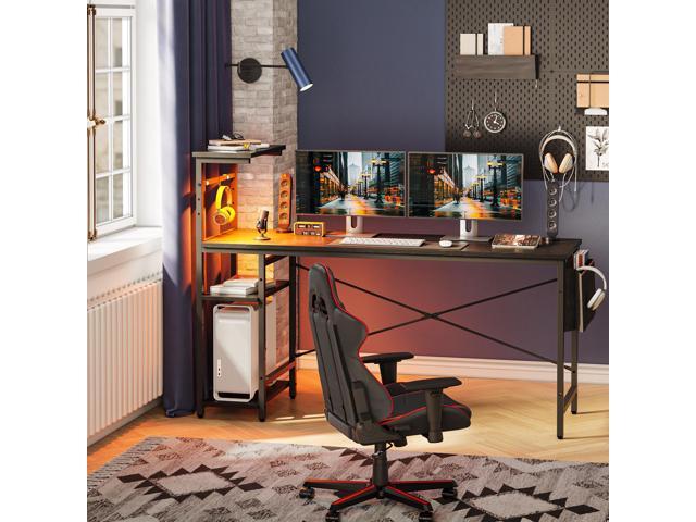 Bestier 61.3 Gaming Desk with LED Lights, 4-Tier Shelf Computer Desk with Side Storage Bag & Headphone Hook, Black Home Office Workstation