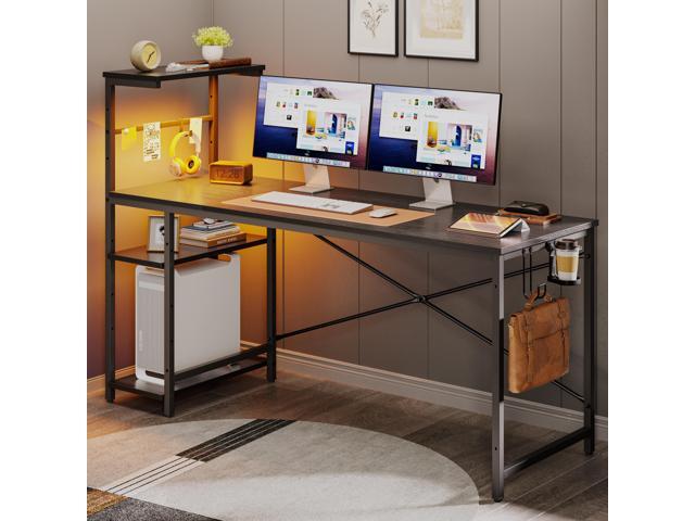 Bestier 61' Rectangular Gaming Desk with RGB LED Light, Computer Desk with Adjustable Storage Shelves, Headphone Hook, Cup holder and Magnets, Easy...