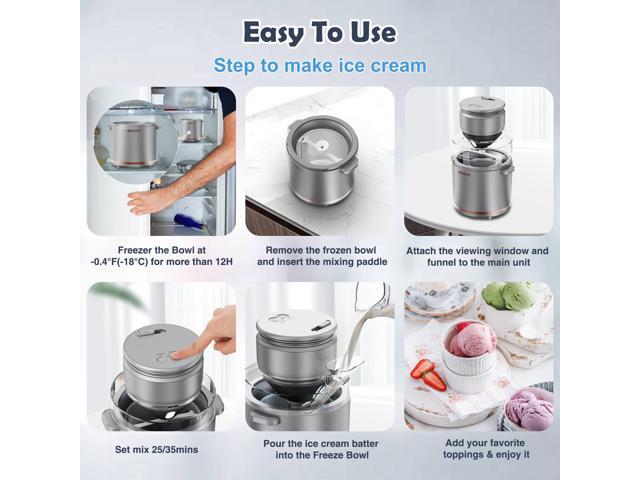 BRIOBITE 1.1 Quart Ice Cream Maker Electric Ice Cream Machine for Gelato, Milkshakes & Sorbet, Perfect for 1-2 Servings, Easy to Use & Clean,Silver