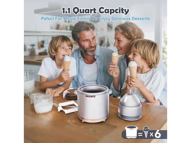 BRIOBITE 1.1 Quart Ice Cream Maker Electric Ice Cream Machine for Gelato, Milkshakes & Sorbet, Perfect for 1-2 Servings, Easy to Use & Clean,Silver