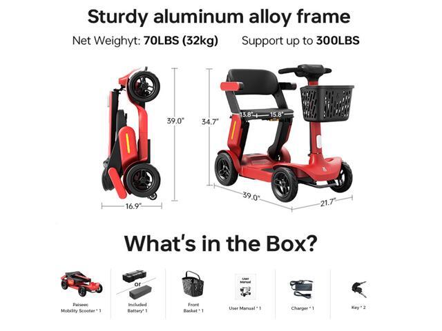 PAISEEC S3 Foldable Mobility Scooter for Adults - 25 Miles Range, 6 mph, Lightweight Mobility Scooter, Large Wheels for Outdoor, Red
