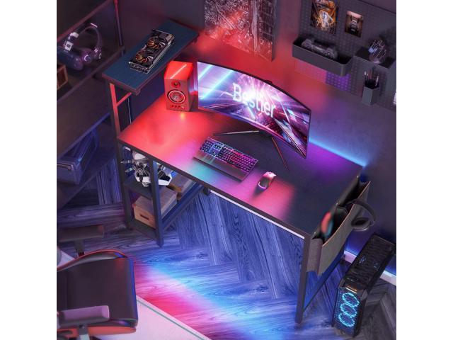Bestier 44 Inch Gaming Desk, 4 Tier Shelf Computer Desk with LED Lighting, Side Storage Bag and Accessories Hanger for Gaming and Working, Black