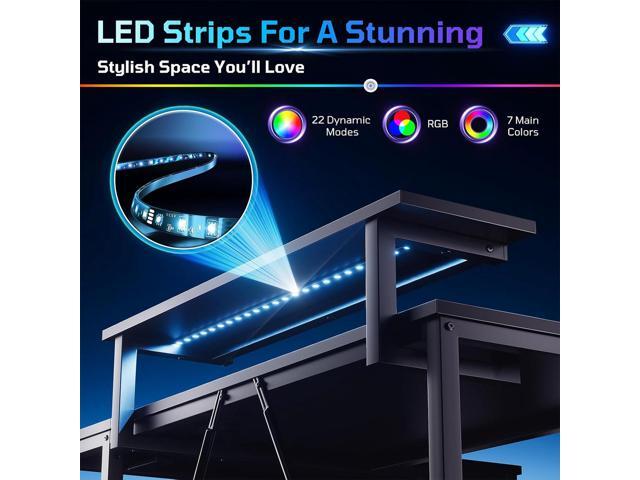 Bestier 42 L Shaped Computer Desk with LED, Corner Gaming Desk with Power Outlet,Reversible Storage Shelves and Hooks,Carbon Fiber Black