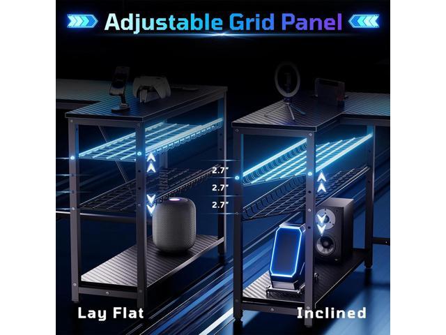 Bestier 42 L Shaped Computer Desk with LED, Corner Gaming Desk with Power Outlet,Reversible Storage Shelves and Hooks,Carbon Fiber Black