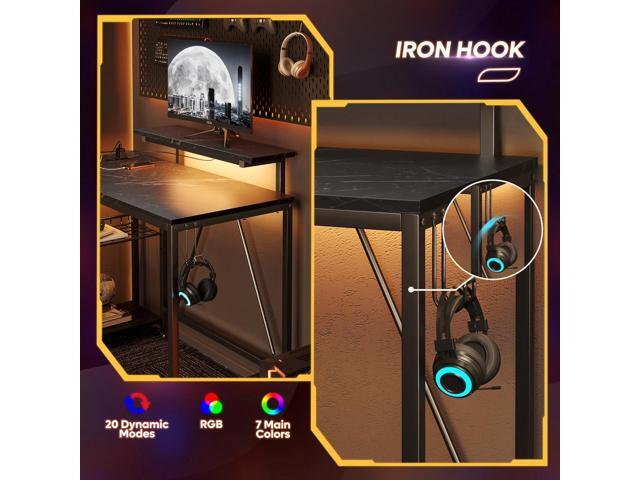 Bestier 42 L Shaped Computer Desk with LED, Corner Gaming Desk with Power Outlet,Reversible Storage Shelves and Hooks,Black Marble