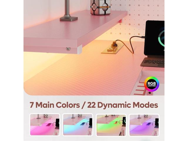 Bestier 42 L Shaped Computer Desk with LED, Corner Gaming Desk with Power Outlet,Reversible Storage Shelves and Hooks,Pink