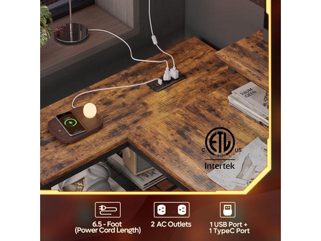 Bestier 42 L-Shaped Computer Desk for Small Spaces, Corner Gaming Desk with LED Lights, Power Outlet, Reversible Shelves & Hooks, Rustic Brown