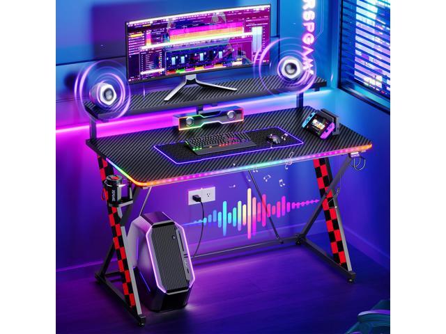 RSPGAME Basic 43' Music Sync LED Gaming Desk with Dynamic Color-Changing & Racing Gear Style, X-Shape Ergonomic Monitor Stand Computer Desk with...