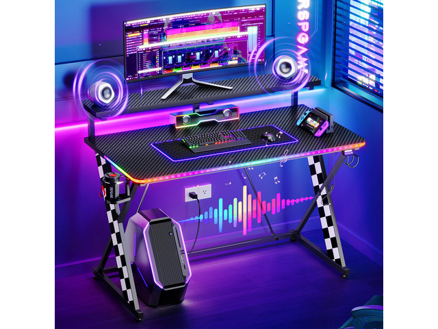 RSPGAME Basic 43' Music Sync LED Gaming Desk with Dynamic Color-Changing & Racing Gear Style, X-Shape Ergonomic Monitor Stand Computer Desk with...