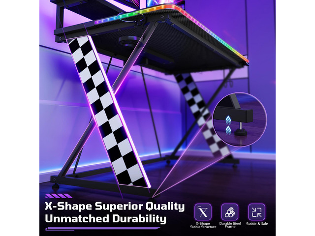 RSPGAME Basic 43' Music Sync LED Gaming Desk with Dynamic Color-Changing & Racing Gear Style, X-Shape Ergonomic Monitor Stand Computer Desk with...