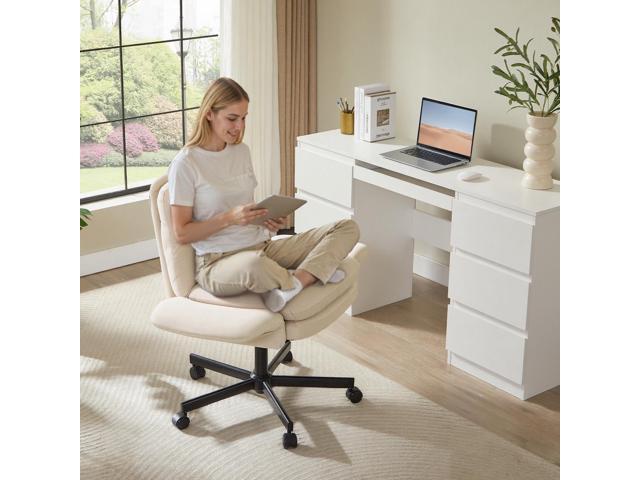 Bestier - Ergonomic Cross-Legged Office Chair with Flip-Up Arms, Swivel Wheels & Adjustable Backrest for Computer Office Desk - Off-White Suede