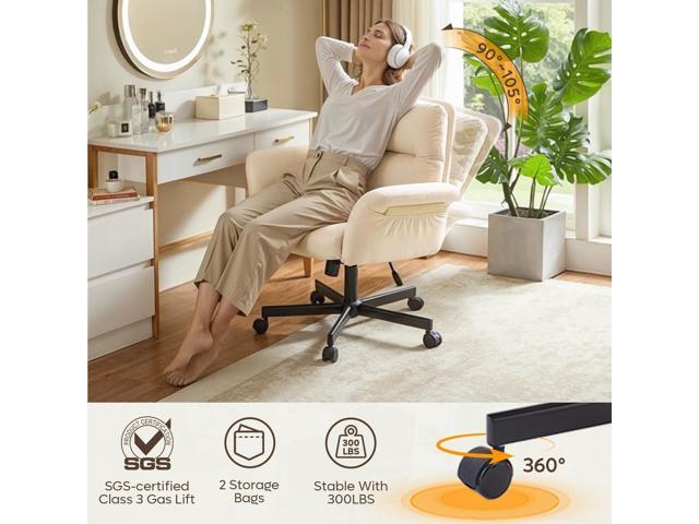 Bestier - Ergonomic Cross-Legged Office Chair with Flip-Up Arms, Swivel Wheels & Adjustable Backrest for Computer Office Desk - Off-White Suede