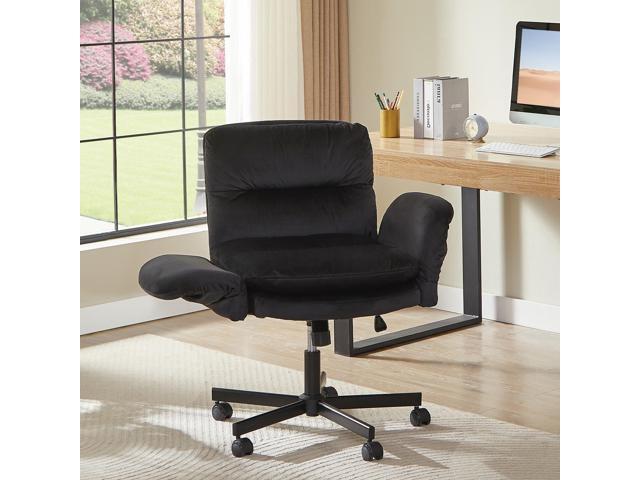 Bestier - Ergonomic Cross-Legged Office Chair with Flip-Up Arms, Swivel Wheels & Adjustable Backrest for Computer Office Desk - Black Suede