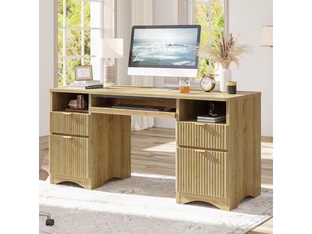 Bestier 59' Executive Office Desk with Drawers, Computer Desk with Keyboard Tray, Writing Study Workstation for Home Office with Open Shelves, Grey...