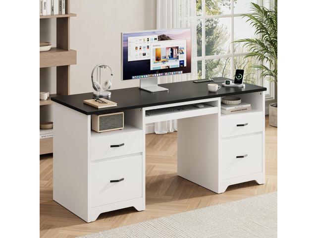 Bestier 59 Computer Desk with 4 Drawers, Office Desk with Storage, Modern Executive Desk with Charging Station, Keyboard Tray & Wooden Pedestals on...