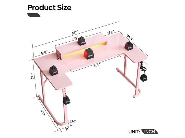 Bestier 59 inch Gaming Desk U-Shaped with LED Lighting, Monitor Stand, LED Lighting, Headphone Hooks & Cup Holder - Pink Carbon Fiber