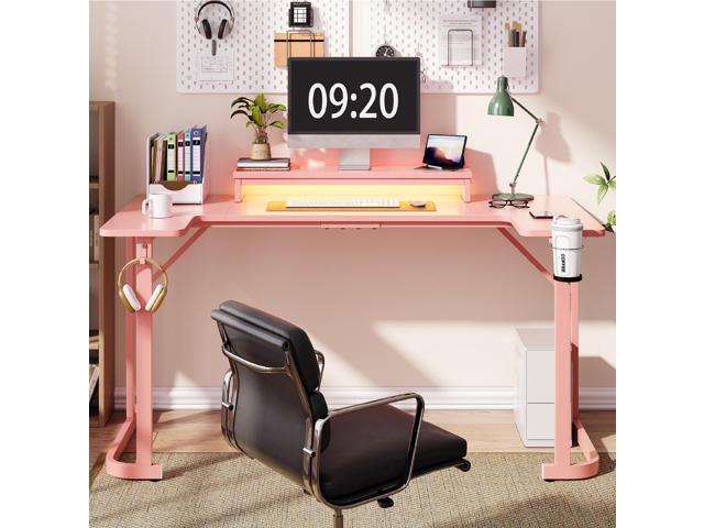 Bestier 59 inch Gaming Desk U-Shaped with LED Lighting, Monitor Stand, LED Lighting, Headphone Hooks & Cup Holder - Pink Carbon Fiber