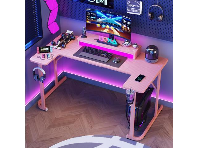 Bestier 59 inch Gaming Desk U-Shaped with LED Lighting, Monitor Stand, LED Lighting, Headphone Hooks & Cup Holder - Pink Carbon Fiber