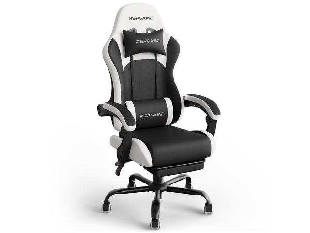 RSPGAME Basic Ergonomic Gaming Chair for Adults - PU Leather Office Chair with Lumbar Support, Pocket Spring Cushion & Retractable Footrest White