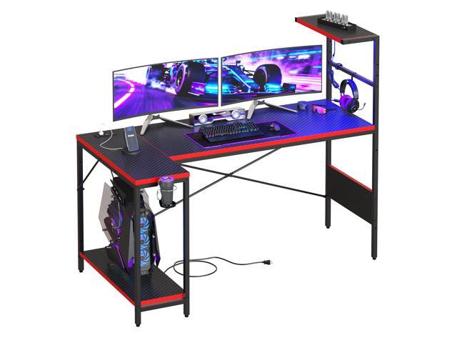 RSPGAME 57.4' L-Shaped Gaming Desk with LED Lights & Power Outlets, Reversible Corner Computer Desk with USB-A & Type-C Ports, Raised Monitor...