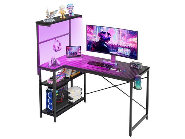 RSPGAME L-Shaped Gaming Desk with RGB LED Light Strip, Reversible Side Shelves, Height Adjustable Storage Rack, Headphone Hook & Cup Holder for...