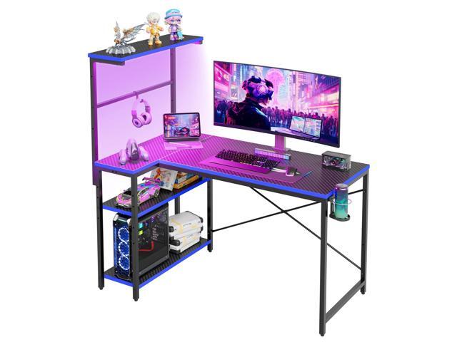 RSPGAME 41 inch L-Shaped Gaming Desk with RGB LED Light Strip, Reversible Side Shelves, Height Adjustable Storage Rack, Headphone Hook & Cup Holder...