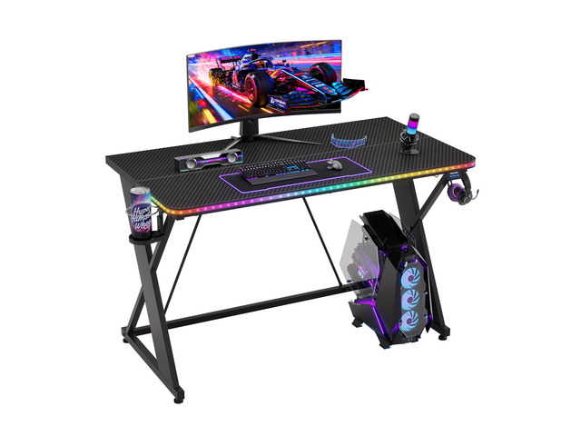 43'' Gaming Desk with LED Lights, X-Shaped Frame Computer Desk with Hook Cup Holder & Side Bag, Desk Gamer for Home Office Black 3D Carbon Fiber