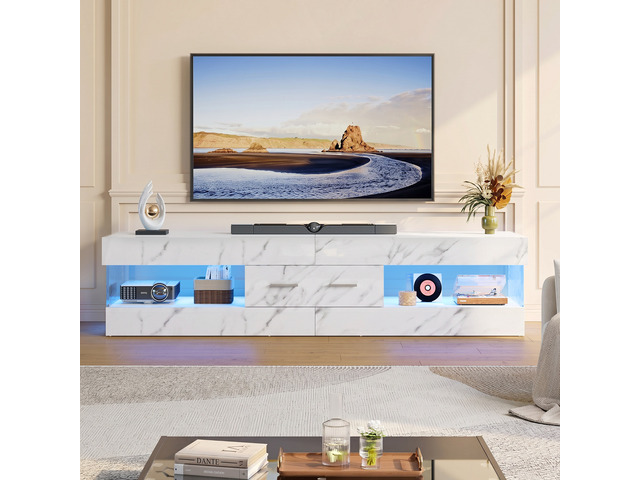 Bestier 67 Inch TV Stand for 75 Inch TVs, Entertainment Center with Storage Drawer and LED Lights - White glossy marble