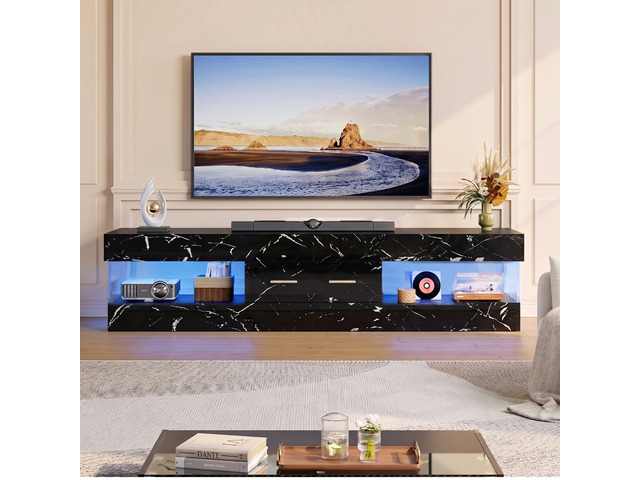 Bestier 67 Inch TV Stand for 75 Inch TVs, Entertainment Center with Storage Drawer and LED Lights - Black Marble Glossy PU Paper