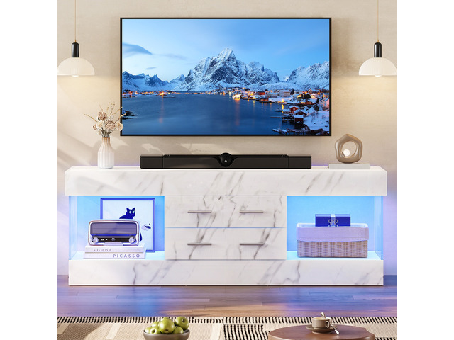 60 inch W Marble TV Stand for TVs up to 65', Modern High Gloss Entertainment Center for TVs with LED Light and Storage Drawers