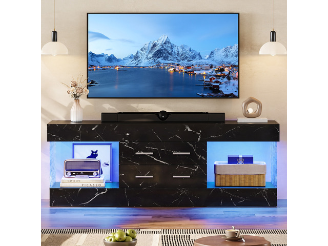 60 inch W Marble TV Stand for TVs up to 65', Modern High Gloss Entertainment Center for TVs with LED Light and Storage Drawers, Black Marble Glossy...