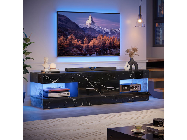 60 inch W TV Stand for TVs up to 65', Modern Entertainment Center for TVs with LED Light and Storage Drawers Black Marble Glossy PU Paper