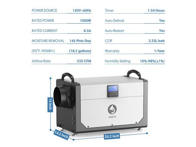 ANDTE 145 Pints Commercial Dehumidifier, Crawl Space Dehumidifier for Basement with 6.56ft Drain Hose and 24 Hr Timer, Compact, Portable, Auto...