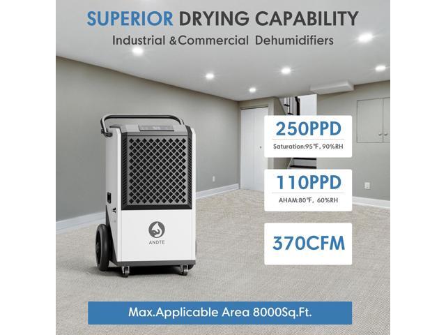 ANDTE 250 Pints Commercial Dehumidifier, Crawl Space Dehumidifier for Basement, with internal automatic drain pump, 6.56ft Drain Hose and 24 Hr...