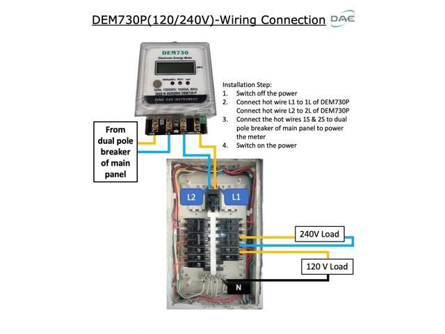 DAE DEM730P Electric kWh Submeter, RS485, 1P3W (2 Hot wire, 1 Neutral), 120/240V, 50A, Internal CT