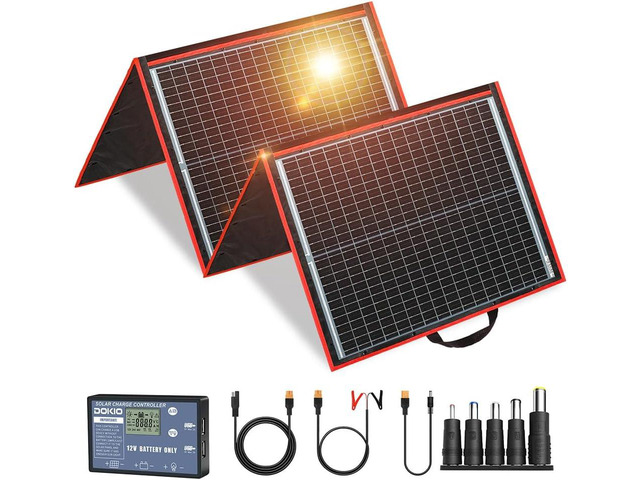 DOKIO 150W Portable Foldable Solar Panel Kit for 12V Battery Charging Folds to 20 x 21 in and weighs 7.3 lb; includes controller and dual USB;...