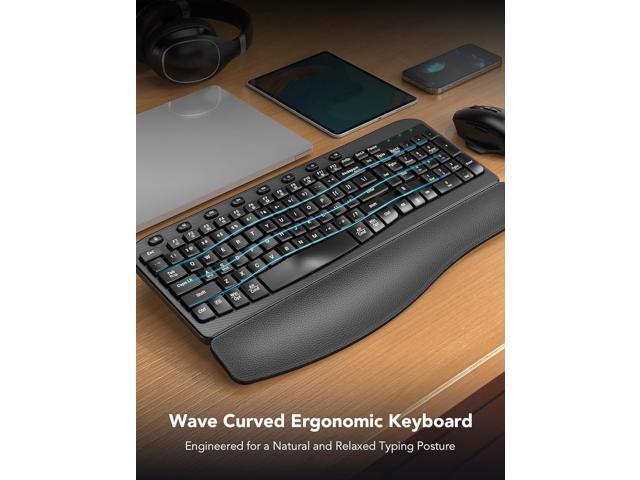 Wireless Keyboard and Mouse Combo Ergonomic Wave Key, Built-in Leather Soft Palm Rest, 2.4G Full Size, 8 Hotkeys, 6-Button Mouse with 4-Level DPI,...