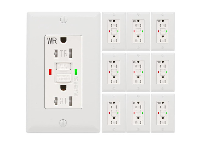 10 Pack - POWAWINI GFCI Outlet 15 Amp, UL Listed, Self-Test GFI Receptacles, TamperResistant, Weather Resistant, LED Indicator, with Decor Wall...