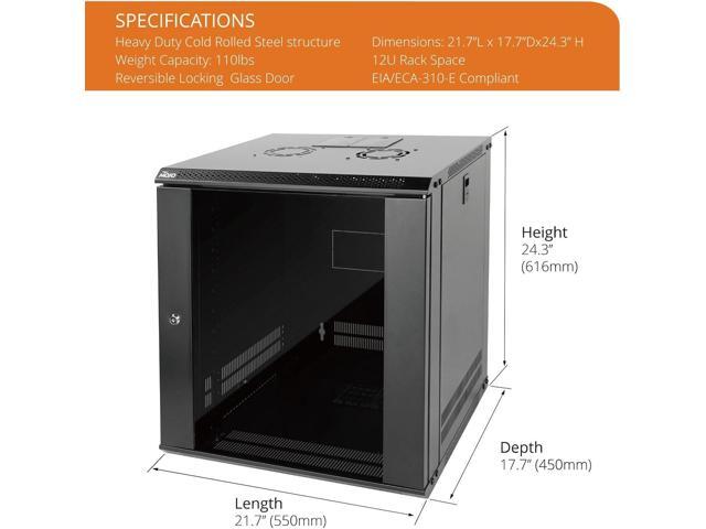 Tecmojo 12U Wall Mount Server Cabinet IT Network Rack Enclosure Lockable Door and Side Panels Black,Cooling Fan,Glass Door,17.7inch Depth,for 19 IT...