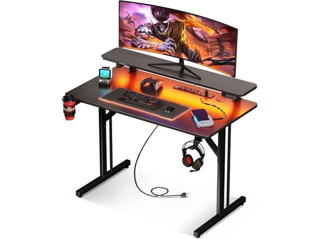 MOTPK 32 Inch Small Gaming Desk with LED Lights & Power Outlets, Computer Desk Gaming Table with Monitor Shelf, Gamer Desk with Carbon Fiber.