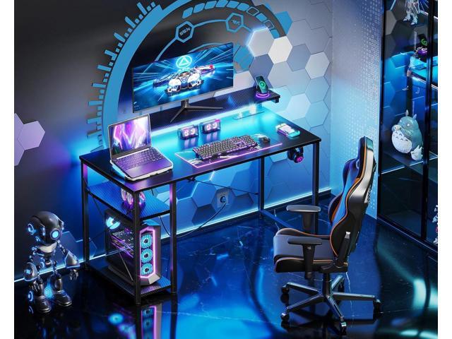 MOTPK 40 Inch Small Gaming Desk with Storage & Led Lights, Computer Desk with Power Outlet & Shelf, Reversible Gamer Desk with Adjustable Monitor...